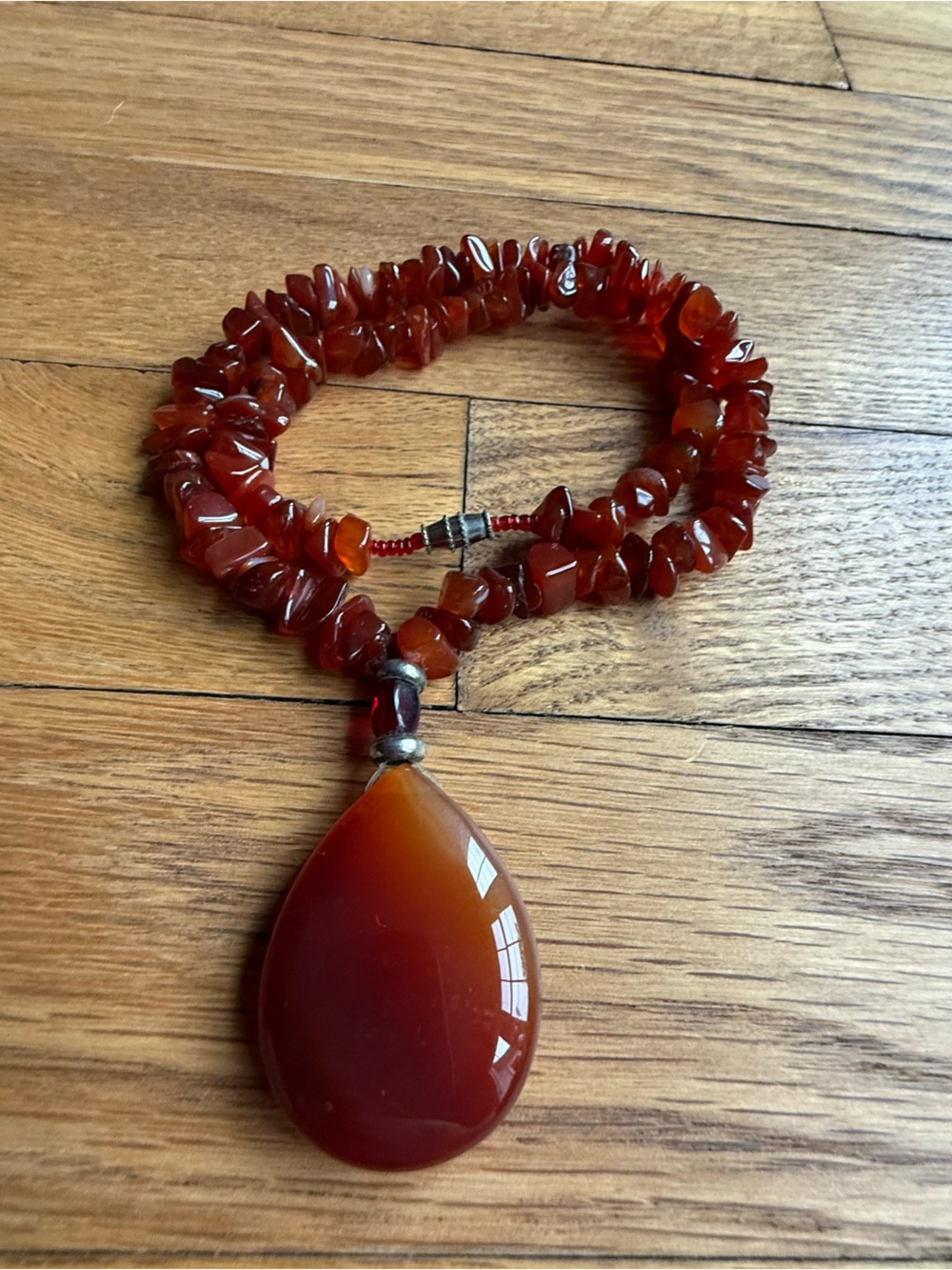 Rust Red Bead Necklace Large Teardrop Pendant 18” Boho